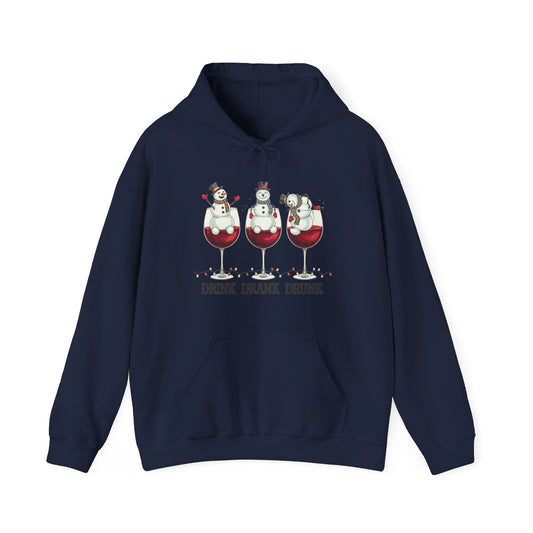 Wine Snowmen Hoodie – 'Drink Drank Drunk' Holiday Sweatshirt