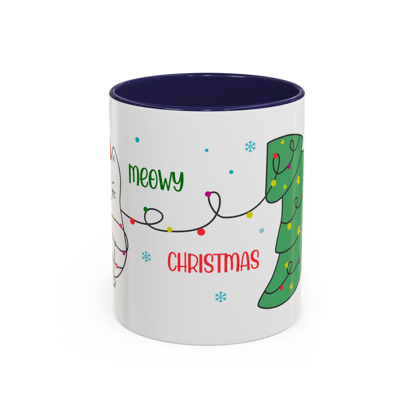 Meowy Christmas Accent Coffee Mug — Cute Cat & Decorated Tree Holiday Mug (11/15oz)