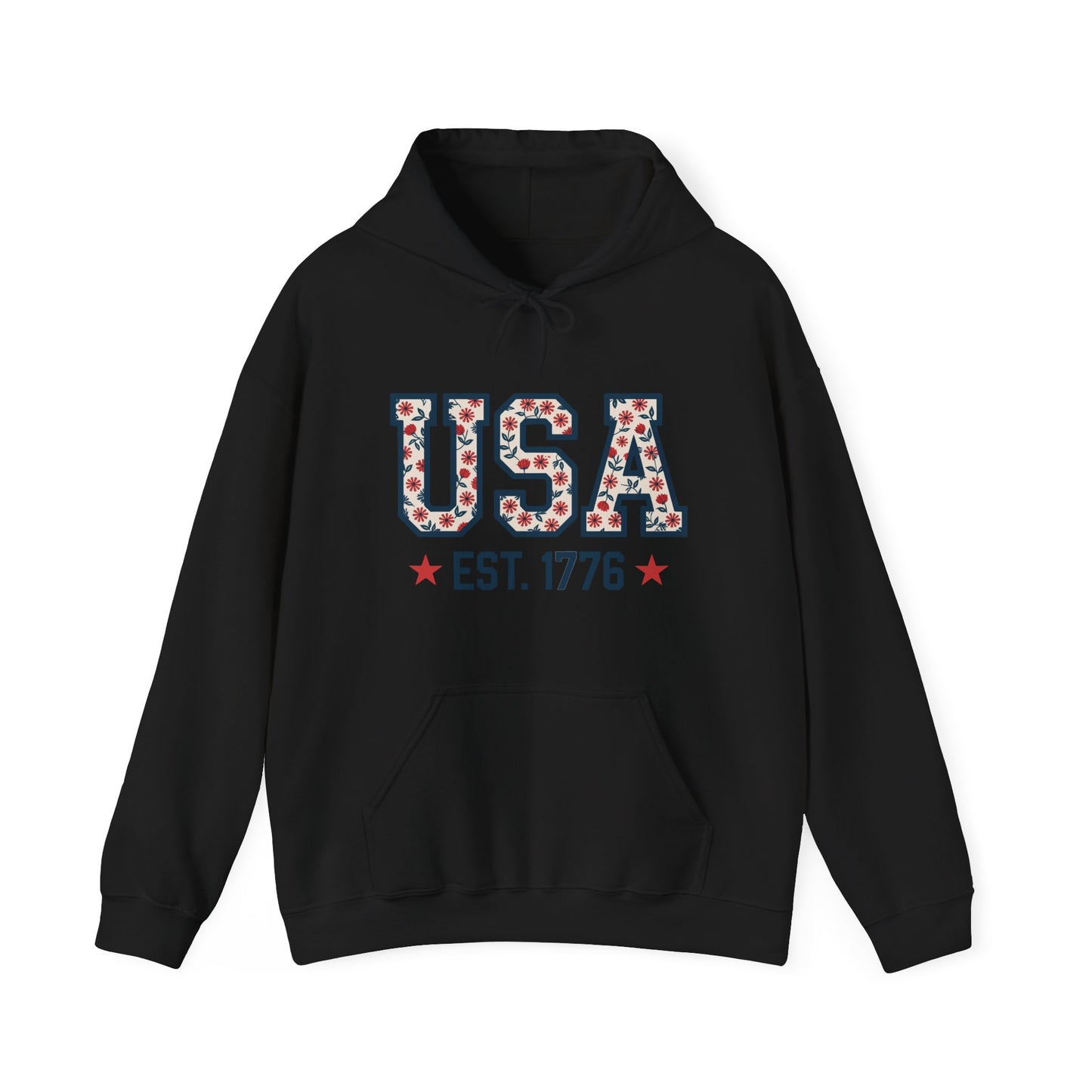 USA EST. 1776 Hoodie — Patriotic Floral American Heritage Sweatshirt