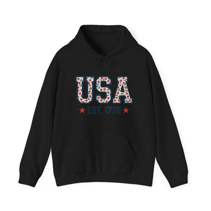 USA EST. 1776 Hoodie — Patriotic Floral American Heritage Sweatshirt