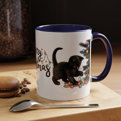 Merry Christmas Black Cat Mug – Cute Holiday Lights Cat Coffee Cup – Perfect Gift for Cat Lovers