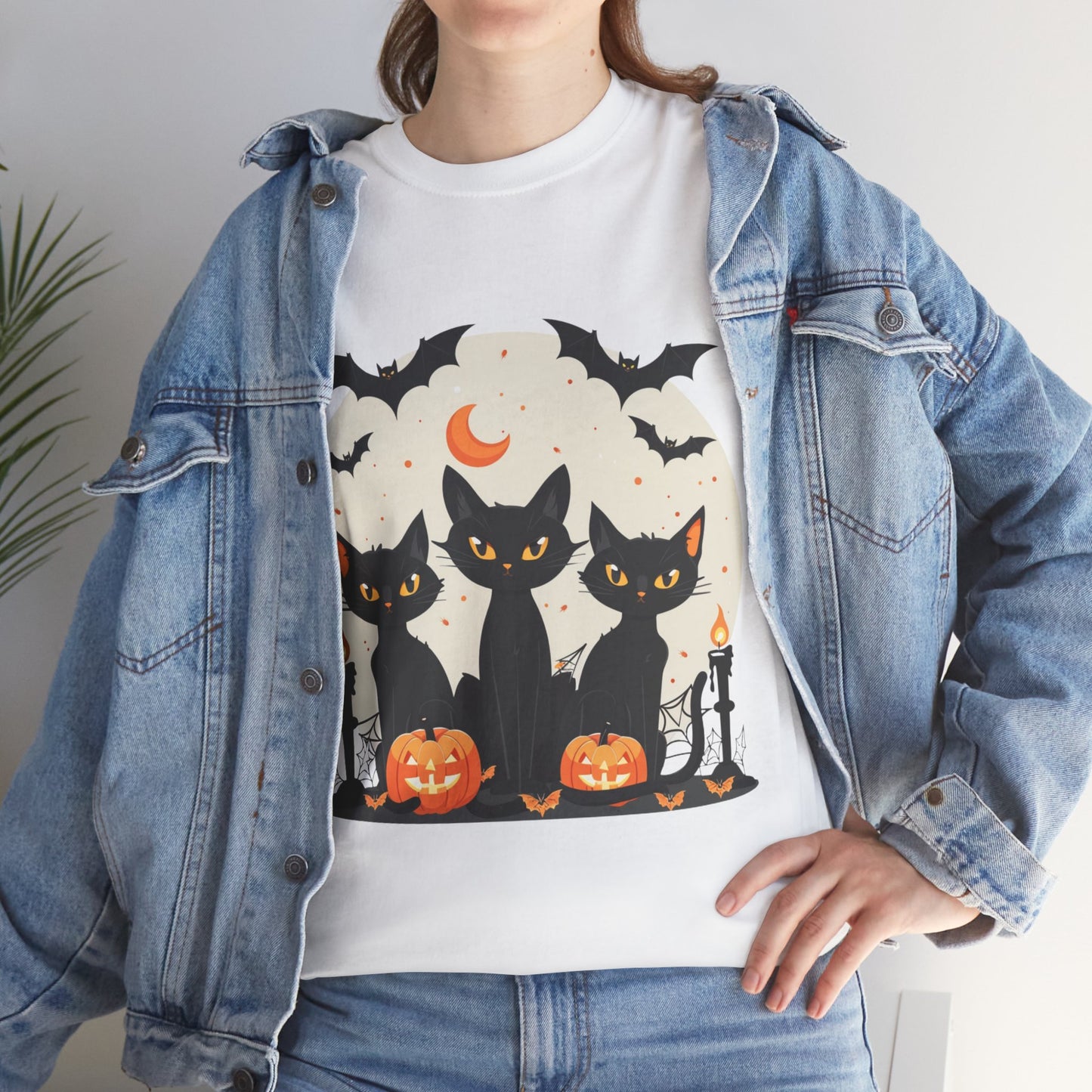 Halloween Black Cat T-Shirt – Cute Spooky Cats with Pumpkins & Bats Print