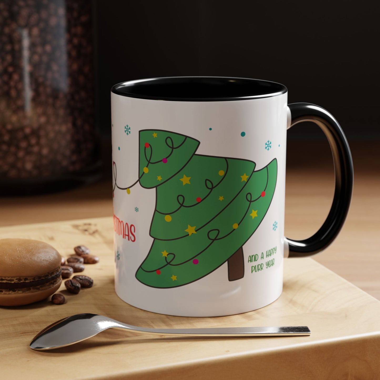 Meowy Christmas Accent Coffee Mug — Cute Cat & Decorated Tree Holiday Mug (11/15oz)
