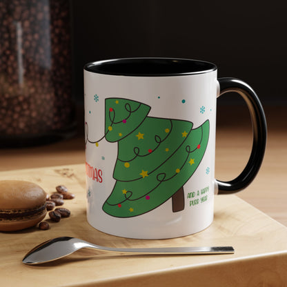 Meowy Christmas Accent Coffee Mug — Cute Cat & Decorated Tree Holiday Mug (11/15oz)