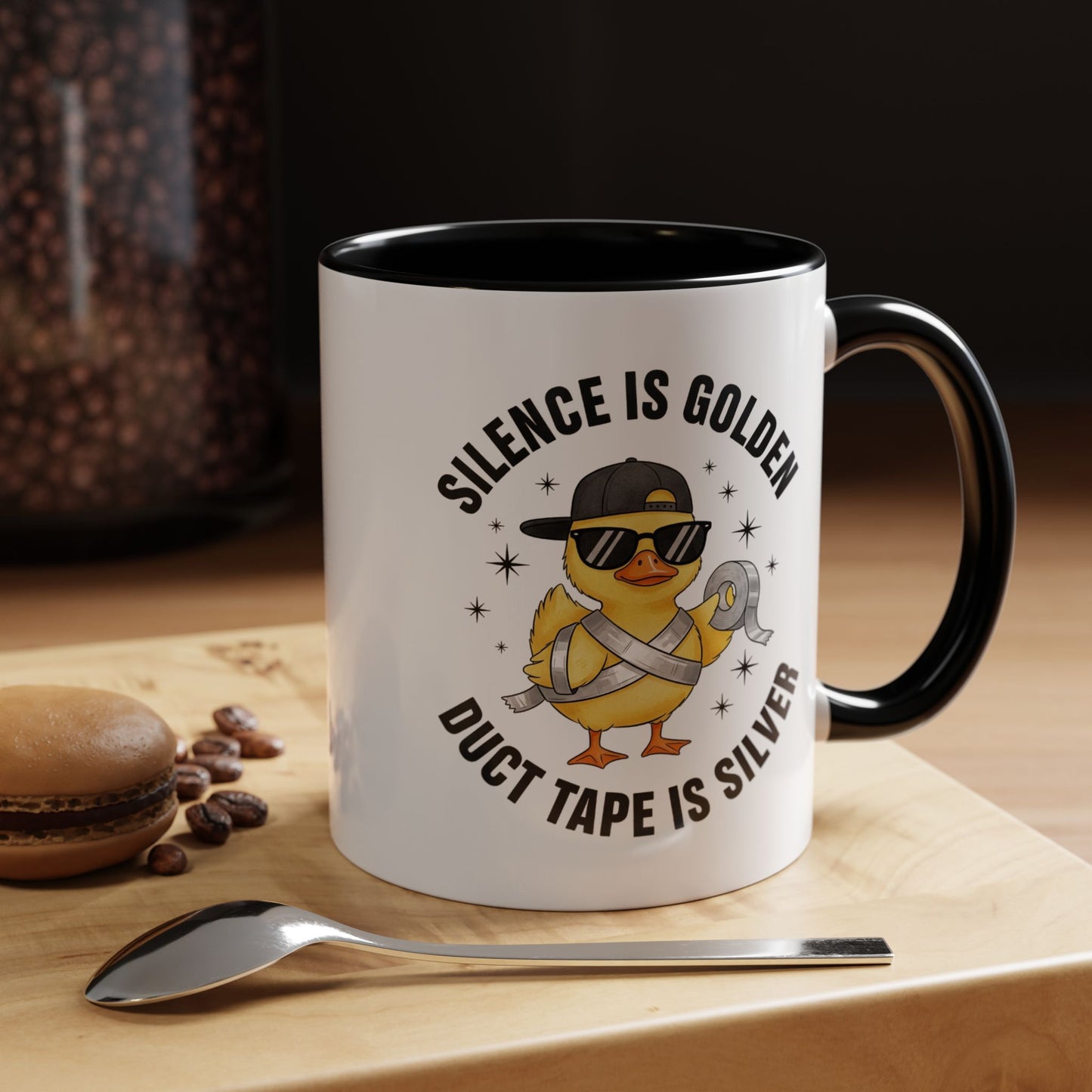 Accent Mug — "Silence is Golden, Duct Tape is Silver" Cute Duck Coffee Cup