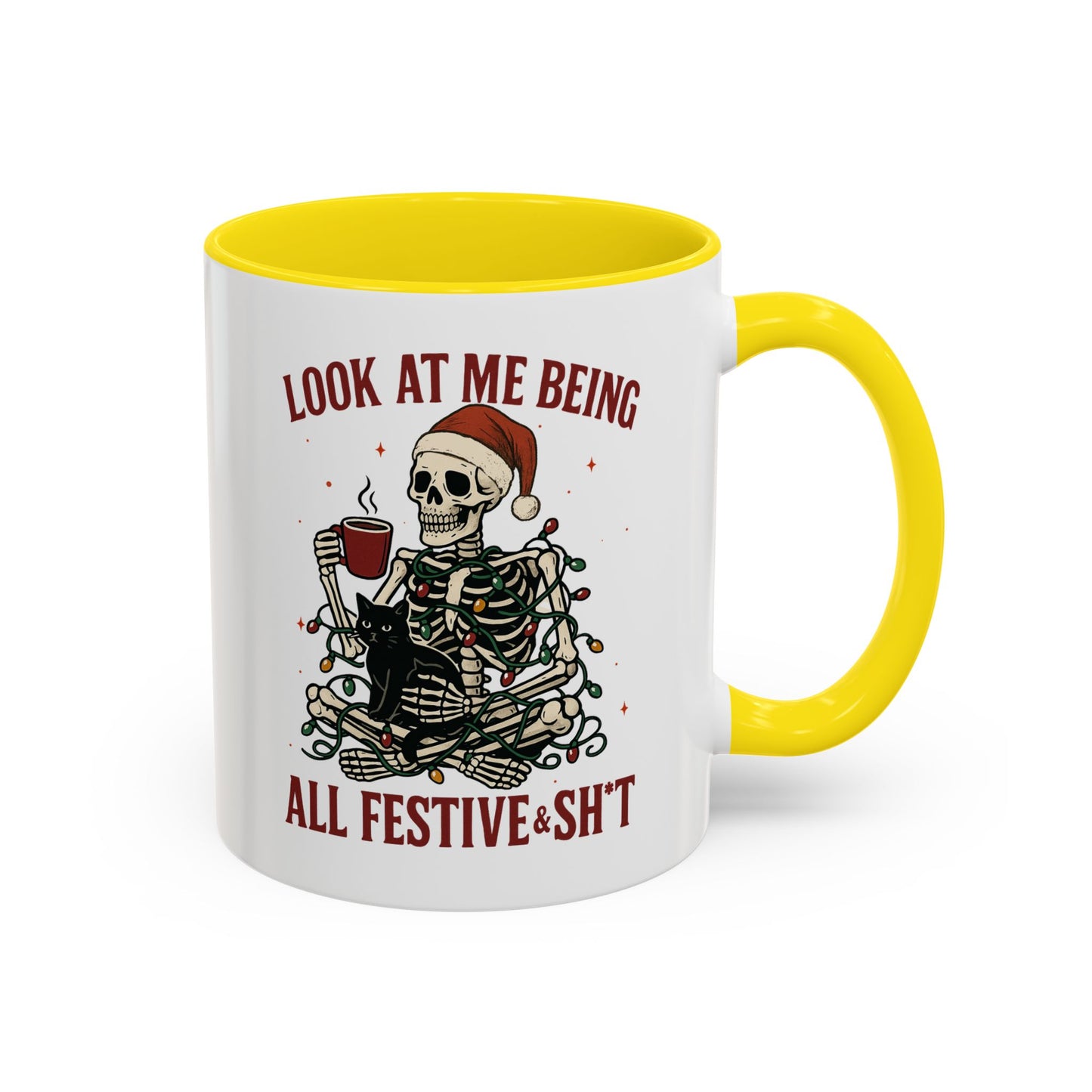 Funny Festive Skeleton Christmas Mug – Holiday Coffee Cup with Cat – Look at Me Being All Festive