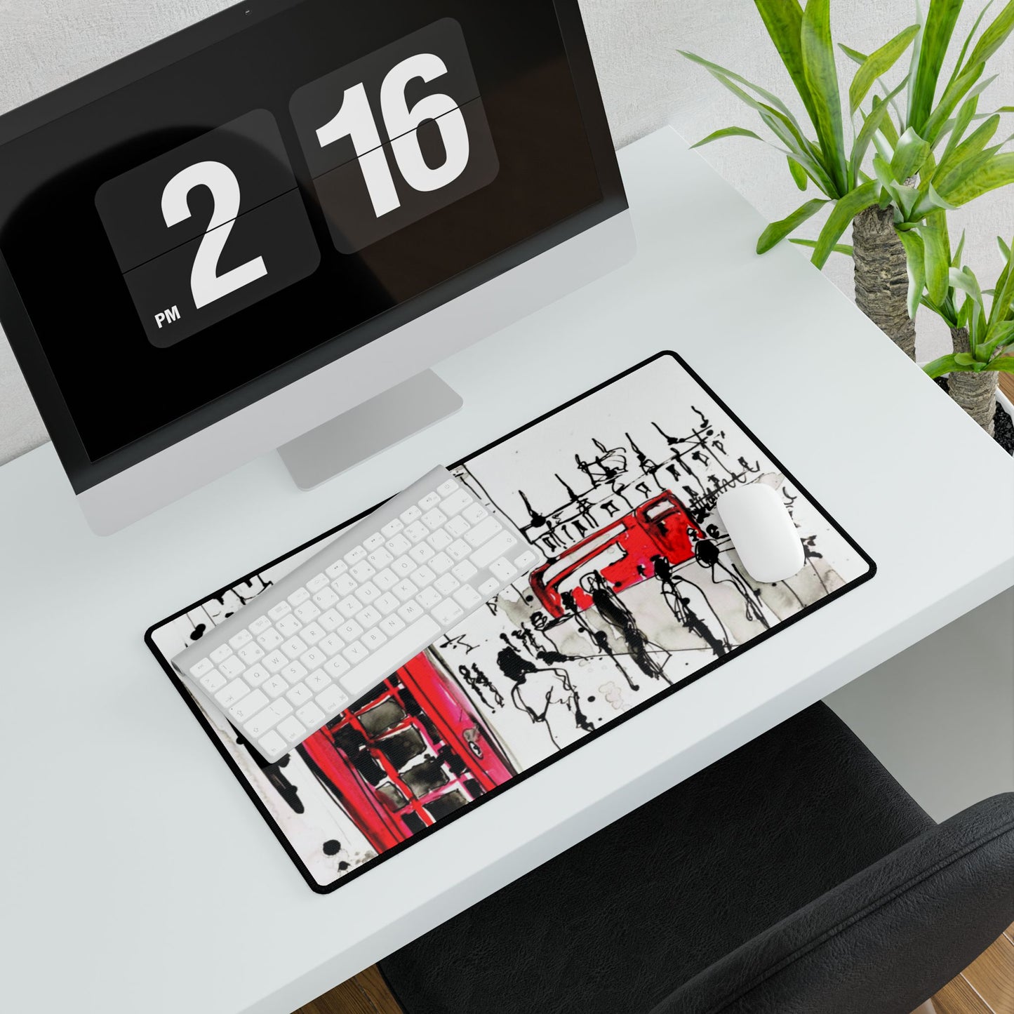 London Scene Desk Mat — Red Telephone Box & Bus Illustration Office Mouse Pad