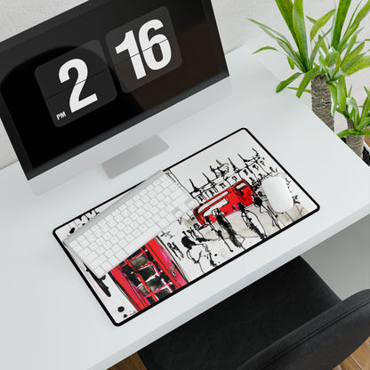 London Scene Desk Mat — Red Telephone Box & Bus Illustration Office Mouse Pad