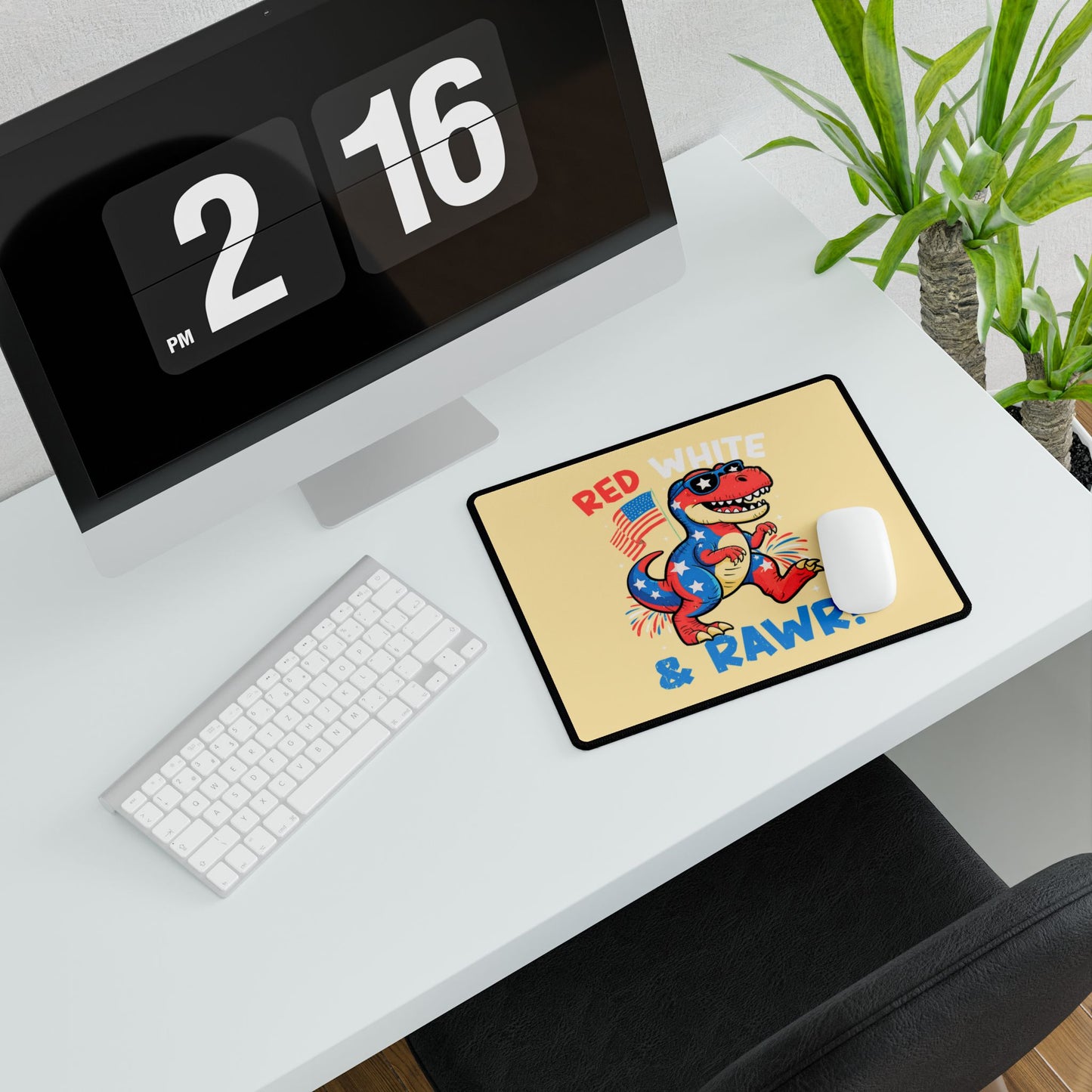 Patriotic 'Red White & RAWR!' Dino Desk Mat — 4th of July Gaming/Office Mouse Pad