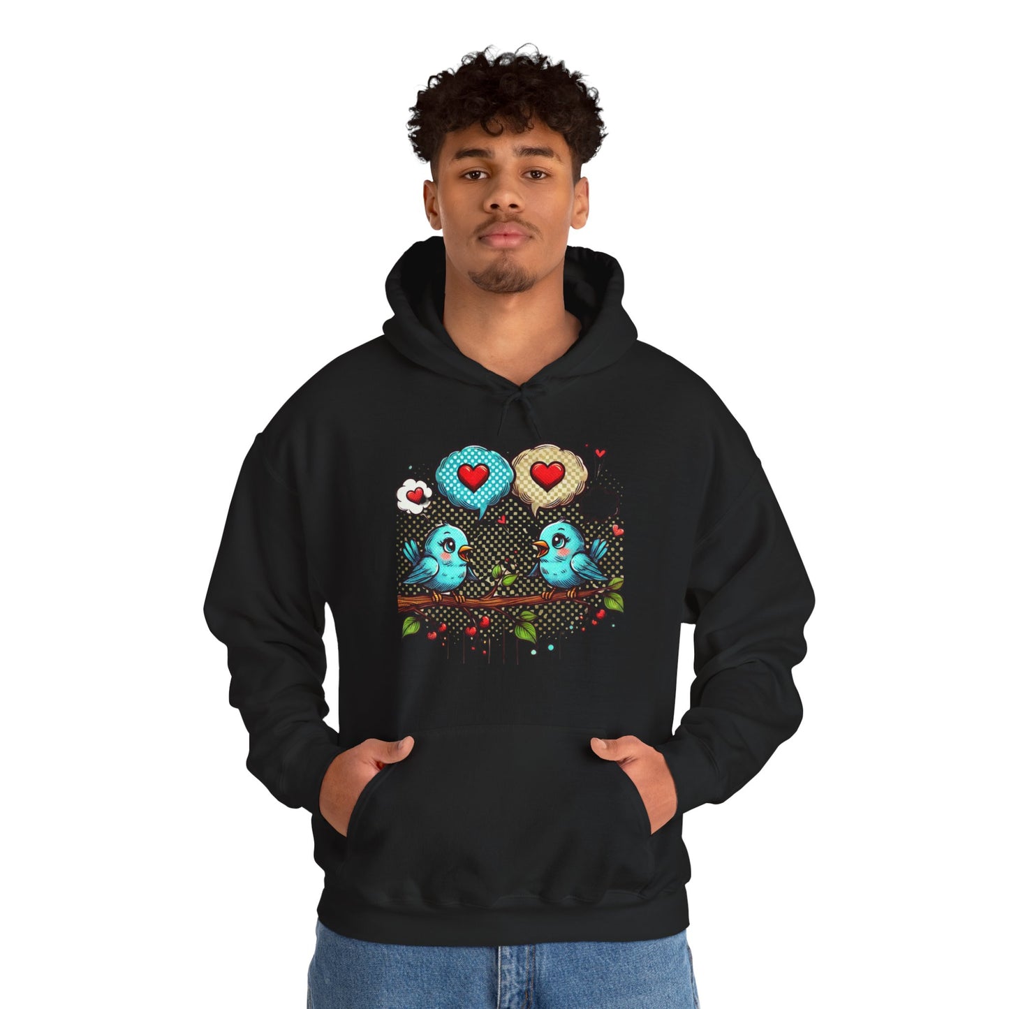 Birds on a Branch Hoodie — Cute Blue Lovebirds with Heart Speech Bubbles