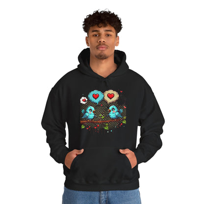 Birds on a Branch Hoodie — Cute Blue Lovebirds with Heart Speech Bubbles