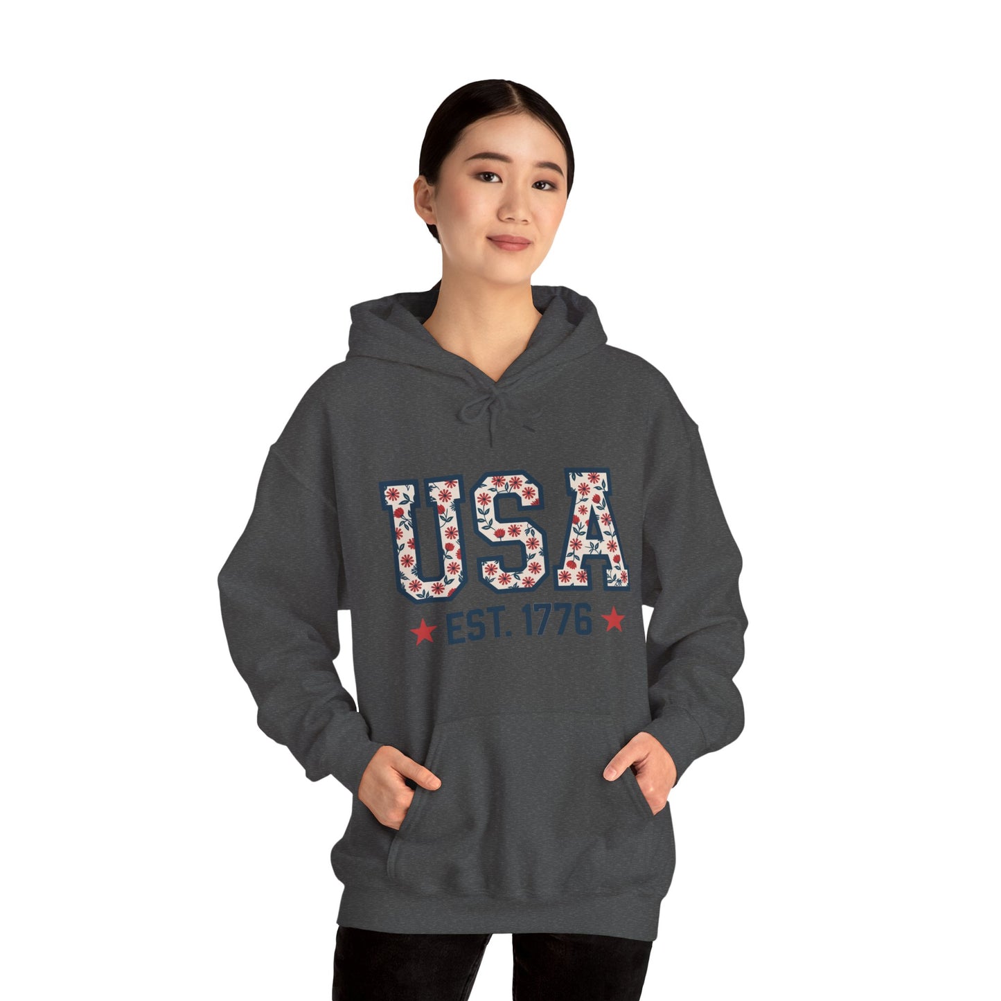 USA EST. 1776 Hoodie — Patriotic Floral American Heritage Sweatshirt