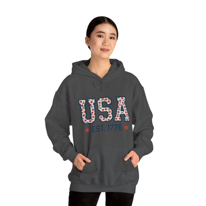 USA EST. 1776 Hoodie — Patriotic Floral American Heritage Sweatshirt