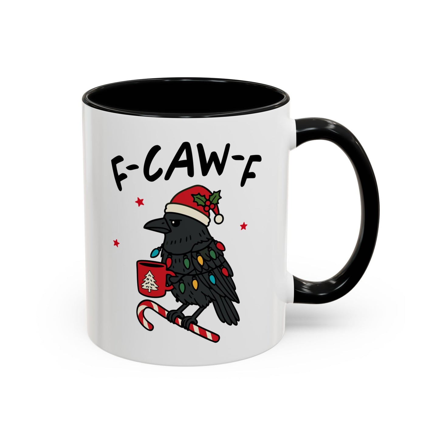 Funny Crow Christmas Mug – F-Caw-F Holiday Crow Cup – Cute Raven Coffee Mug with Lights & Santa Hat