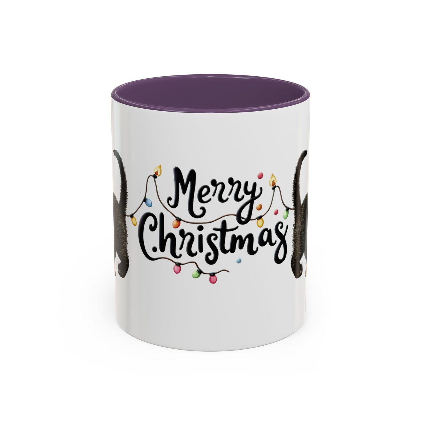 Merry Christmas Black Cat Mug – Cute Holiday Lights Cat Coffee Cup – Perfect Gift for Cat Lovers