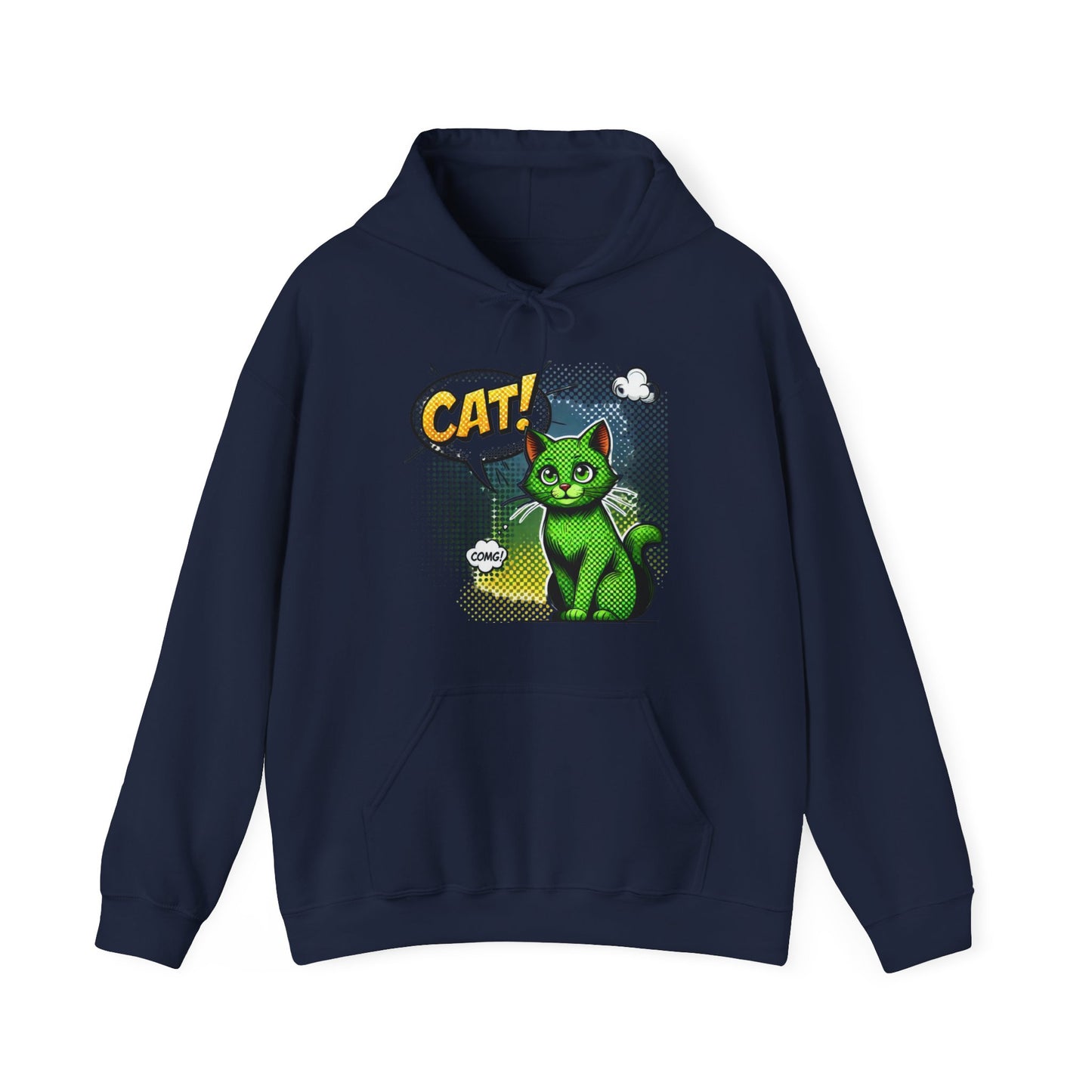 Green Comic Cat Hoodie — Retro Pop Art "CAT!" Graphic Sweatshirt