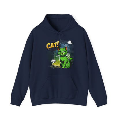 Green Comic Cat Hoodie — Retro Pop Art "CAT!" Graphic Sweatshirt
