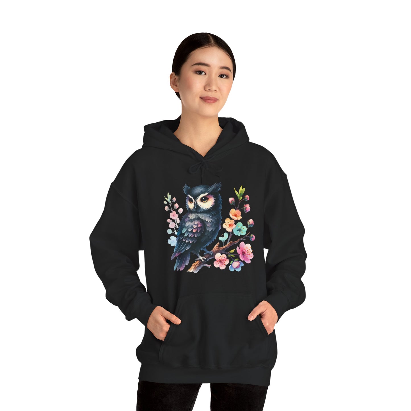 Floral Night Owl Hoodie – Watercolor Owl & Blossom Pullover