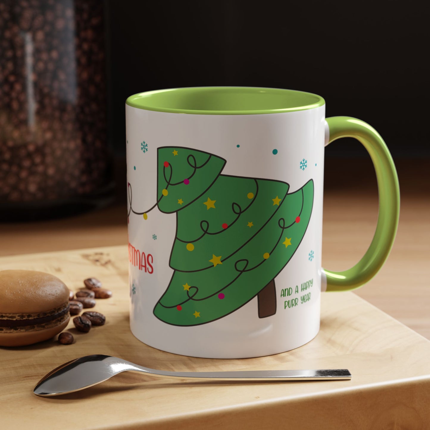 Meowy Christmas Accent Coffee Mug — Cute Cat & Decorated Tree Holiday Mug (11/15oz)