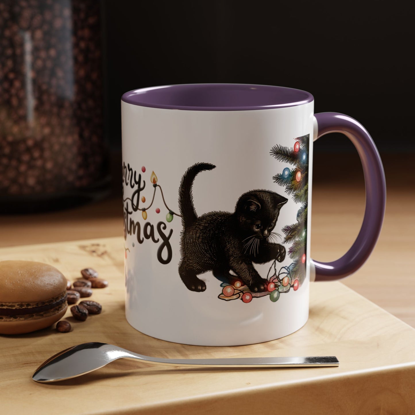Merry Christmas Black Cat Mug – Cute Holiday Lights Cat Coffee Cup – Perfect Gift for Cat Lovers