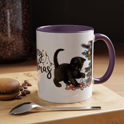 Merry Christmas Black Cat Mug – Cute Holiday Lights Cat Coffee Cup – Perfect Gift for Cat Lovers