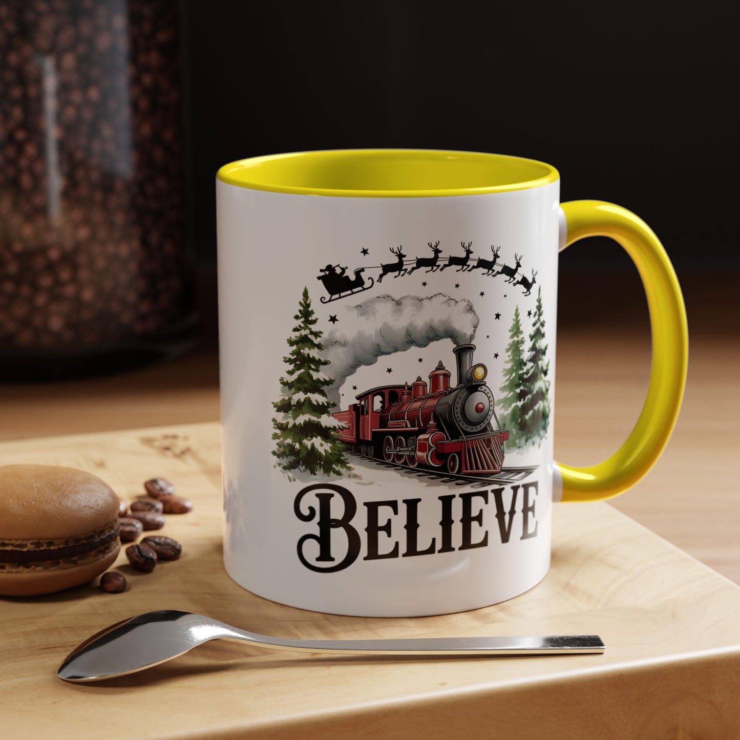 Believe Christmas Train Mug with Santa Sleigh – Holiday Coffee Cup