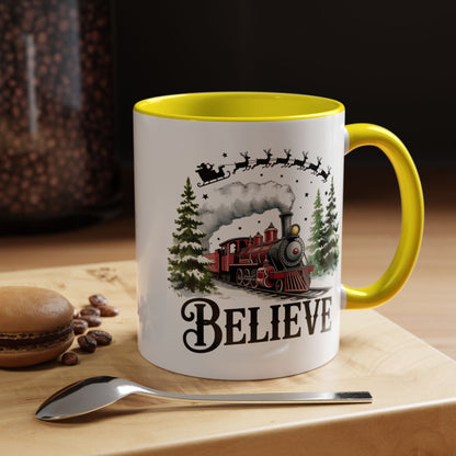 Believe Christmas Train Mug with Santa Sleigh – Holiday Coffee Cup