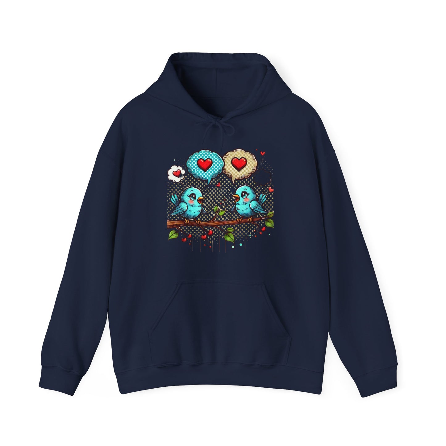 Birds on a Branch Hoodie — Cute Blue Lovebirds with Heart Speech Bubbles