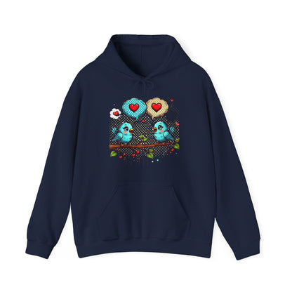Birds on a Branch Hoodie — Cute Blue Lovebirds with Heart Speech Bubbles