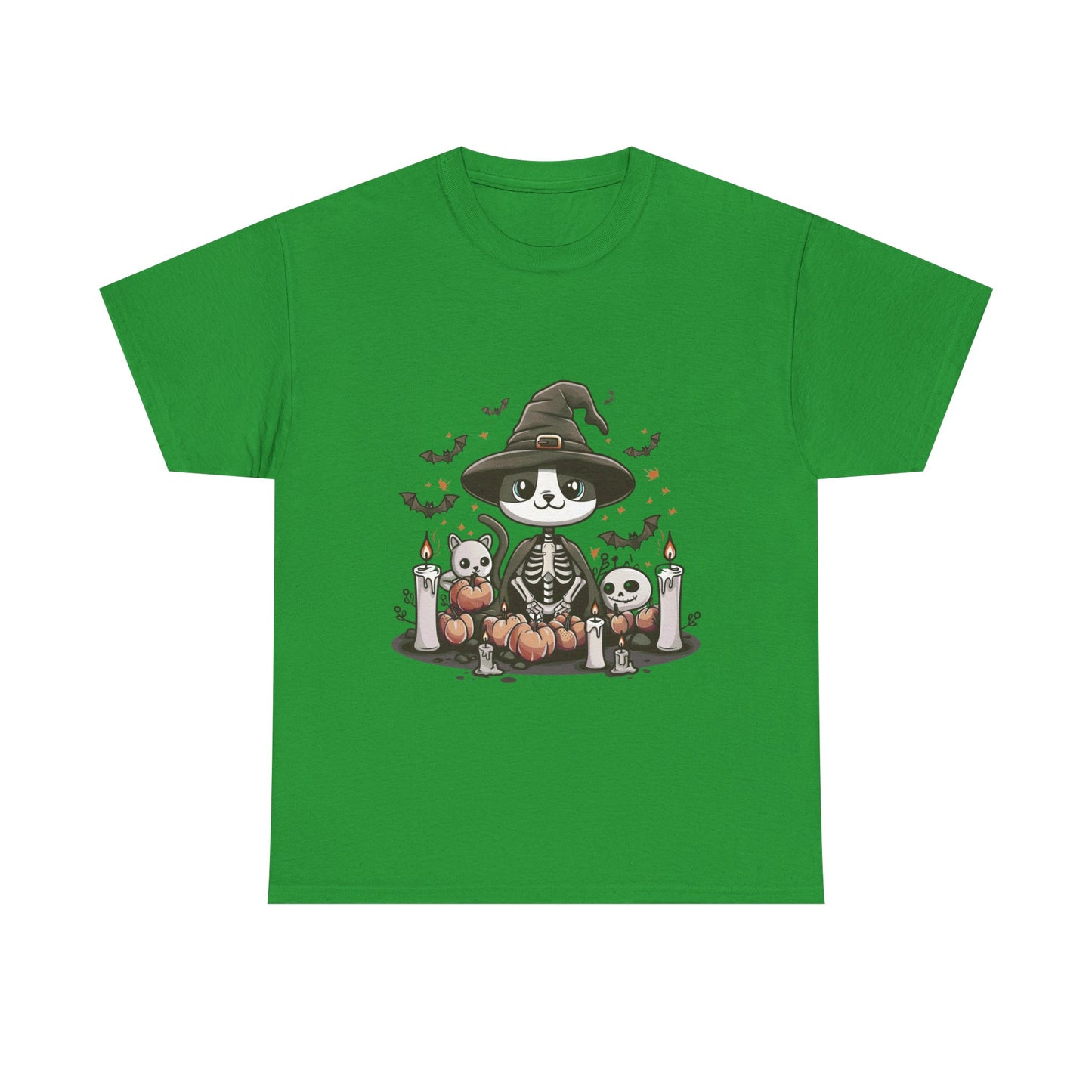 Halloween Witch Cat T-Shirt – Cute Skeleton Cat with Pumpkins & Candles