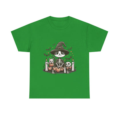 Halloween Witch Cat T-Shirt – Cute Skeleton Cat with Pumpkins & Candles