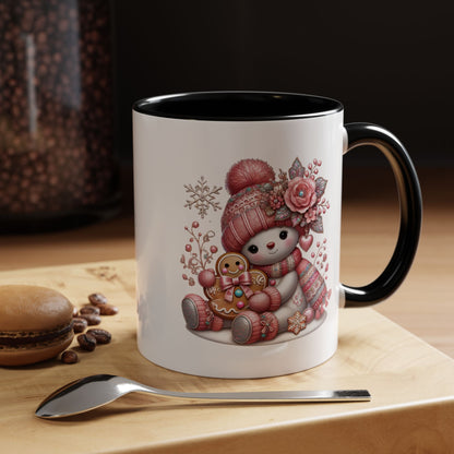 Cute Pink Snowman Coffee Mug — Holiday Winter Gingerbread Design (11/15oz)
