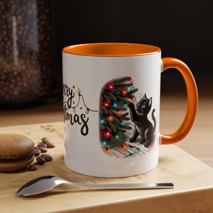 Merry Christmas Cat Mug – Cute Black Cat with Christmas Lights – Holiday Coffee Cup Gift for Cat Lovers