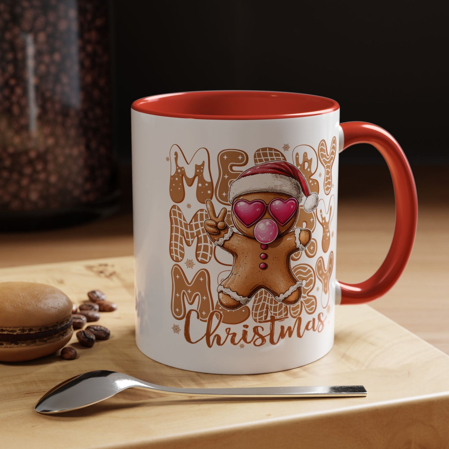 Cute Gingerbread Christmas Mug – Funny Holiday Cookie Cup with Heart Eyes & Bubble Gum
