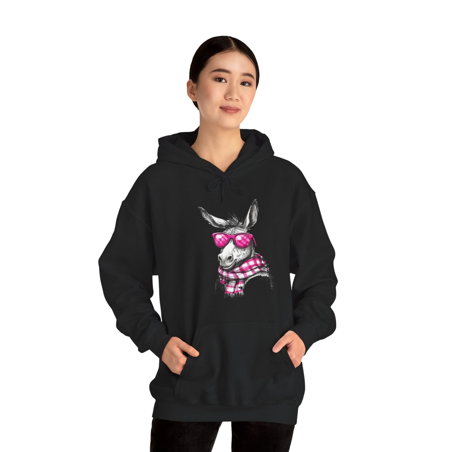 Cool Donkey Hoodie with Pink Glasses & Plaid Scarf — Cute Animal Graphic Sweatshirt