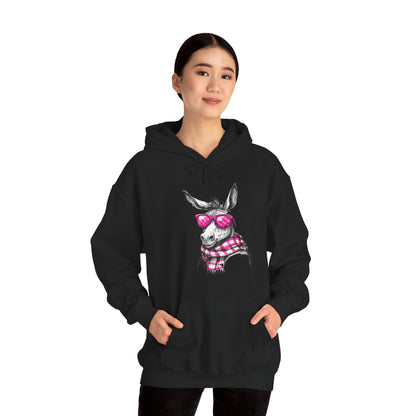 Cool Donkey Hoodie with Pink Glasses & Plaid Scarf — Cute Animal Graphic Sweatshirt