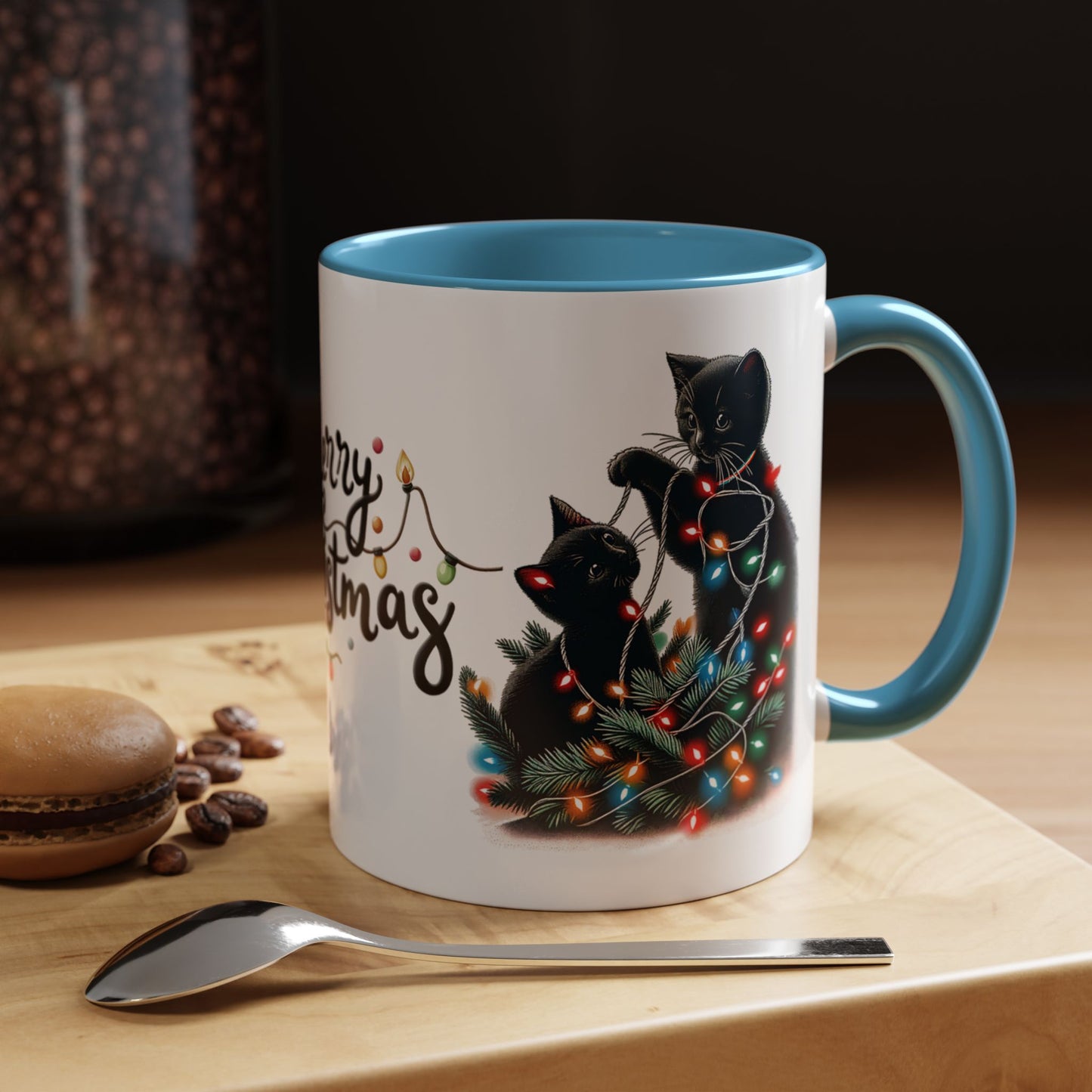Cute Black Cat Christmas Lights Mug – Festive Holiday Coffee Cup Gift
