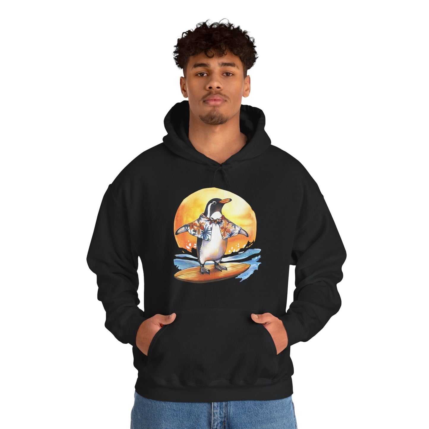 Surfing Penguin Hoodie — Cute Surfboard Penguin Sunset Pullover