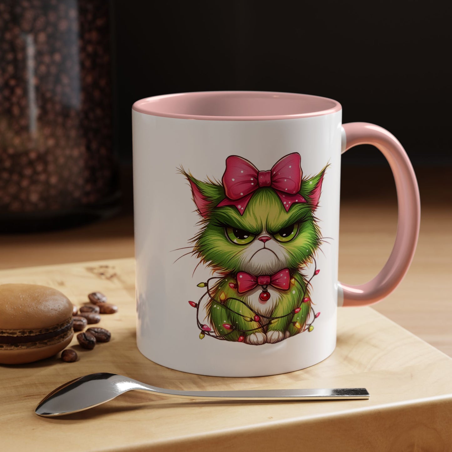 Christmas Grumpy Cat Accent Coffee Mug — Cute Green Kitty with Bow & Holiday Lights (11/15 oz)