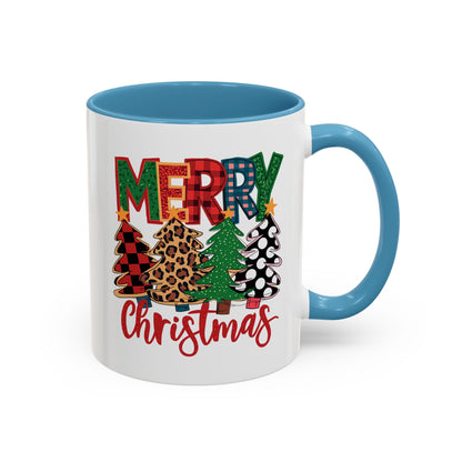 Merry Christmas Accent Coffee Mug — Festive Plaid, Leopard & Pine Tree Holiday Design