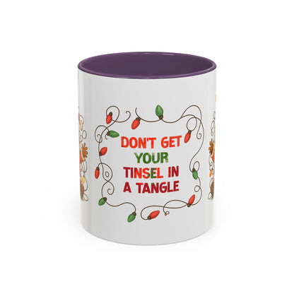 Don’t Get Your Tinsel in a Tangle – Funny Santa Christmas Mug, Holiday Lights Coffee Cup (11oz/15oz)