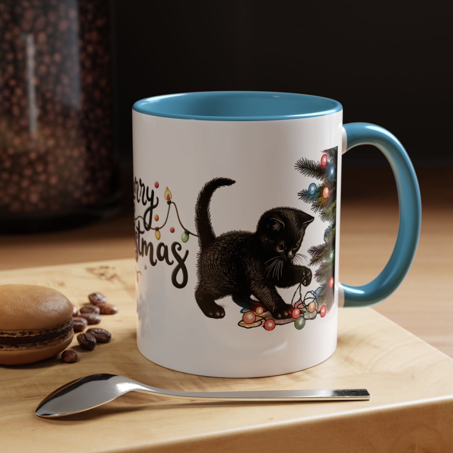 Merry Christmas Black Cat Mug – Cute Holiday Lights Cat Coffee Cup – Perfect Gift for Cat Lovers