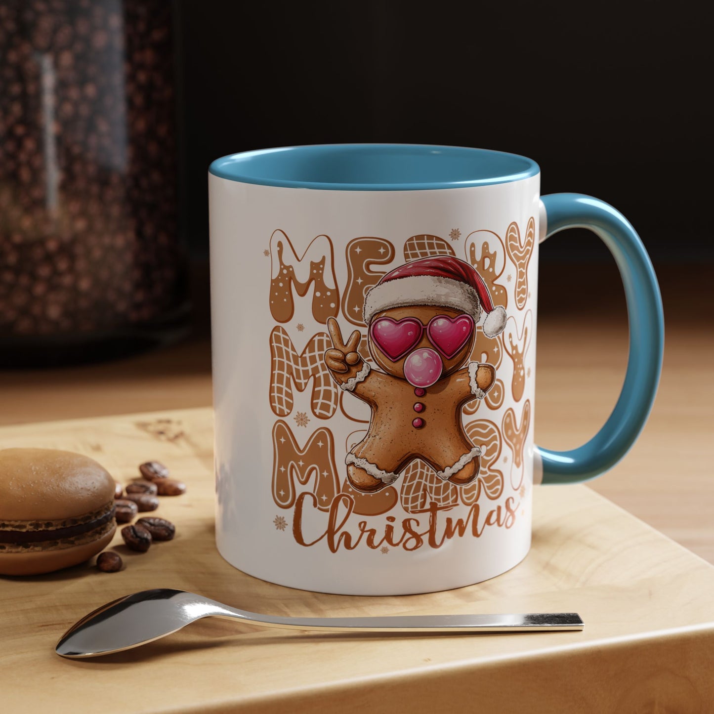Cute Gingerbread Christmas Mug – Funny Holiday Cookie Cup with Heart Eyes & Bubble Gum