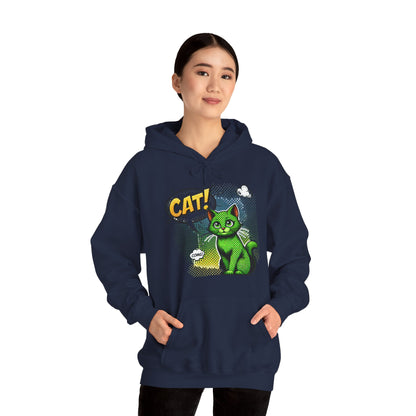 Green Comic Cat Hoodie — Retro Pop Art "CAT!" Graphic Sweatshirt