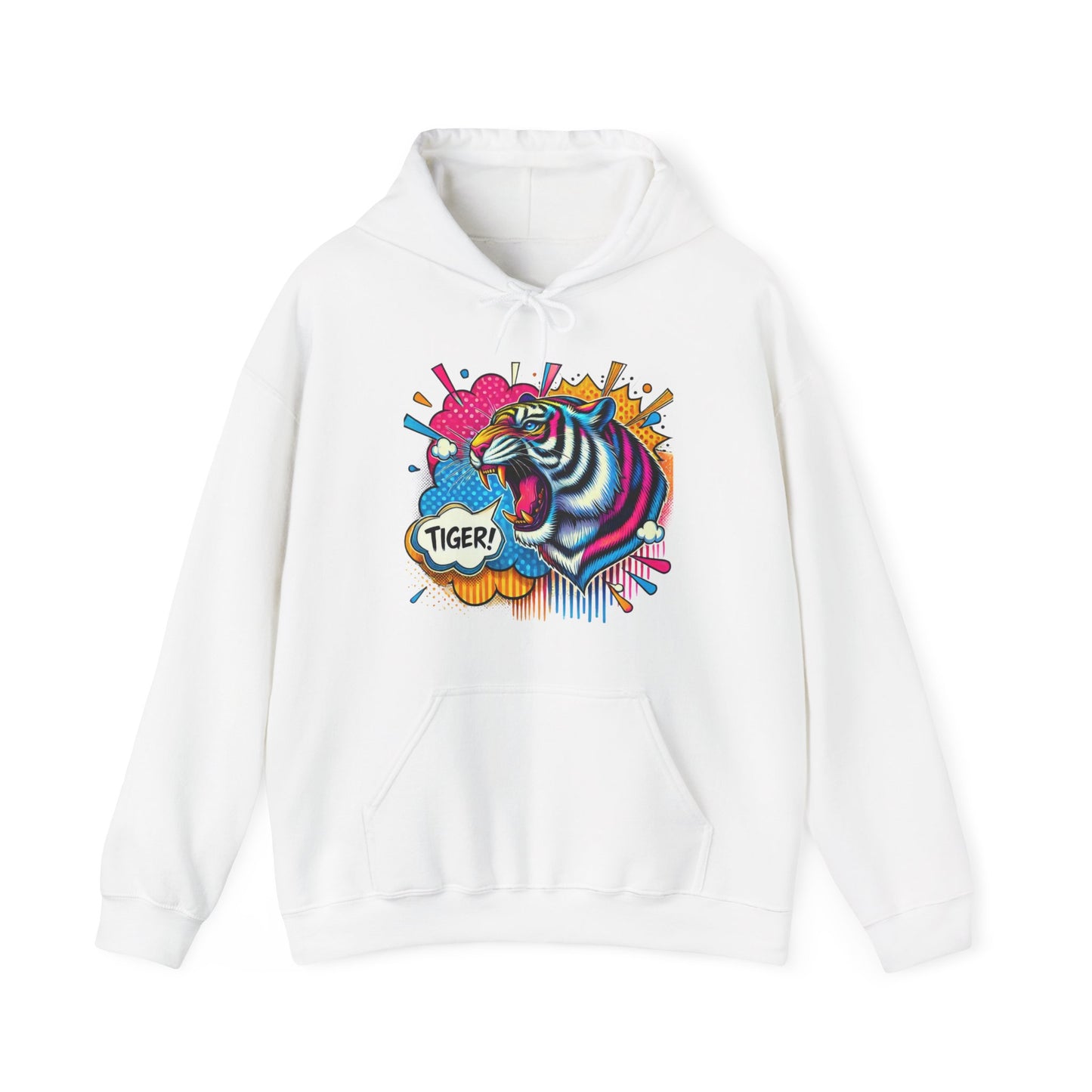 Colorful Pop Art Tiger Hoodie – "TIGER!" Graphic Pullover