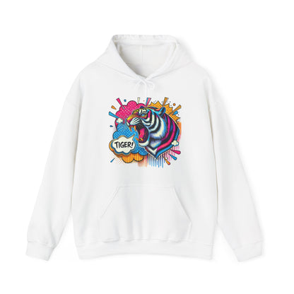 Colorful Pop Art Tiger Hoodie – "TIGER!" Graphic Pullover