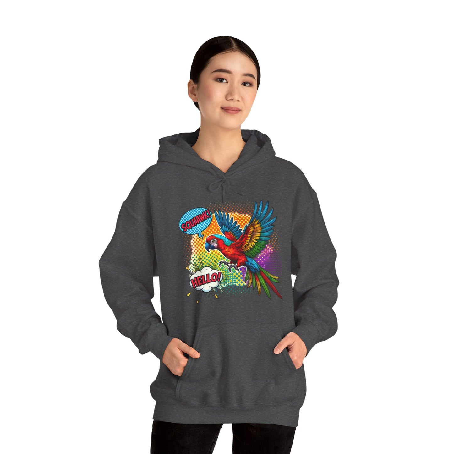 Parrot Pop Art Hoodie — Colorful Macaw 'Hello' Graphic Pullover