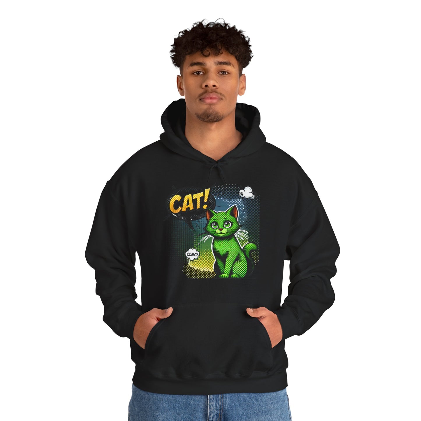 Green Comic Cat Hoodie — Retro Pop Art "CAT!" Graphic Sweatshirt