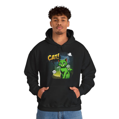Green Comic Cat Hoodie — Retro Pop Art "CAT!" Graphic Sweatshirt