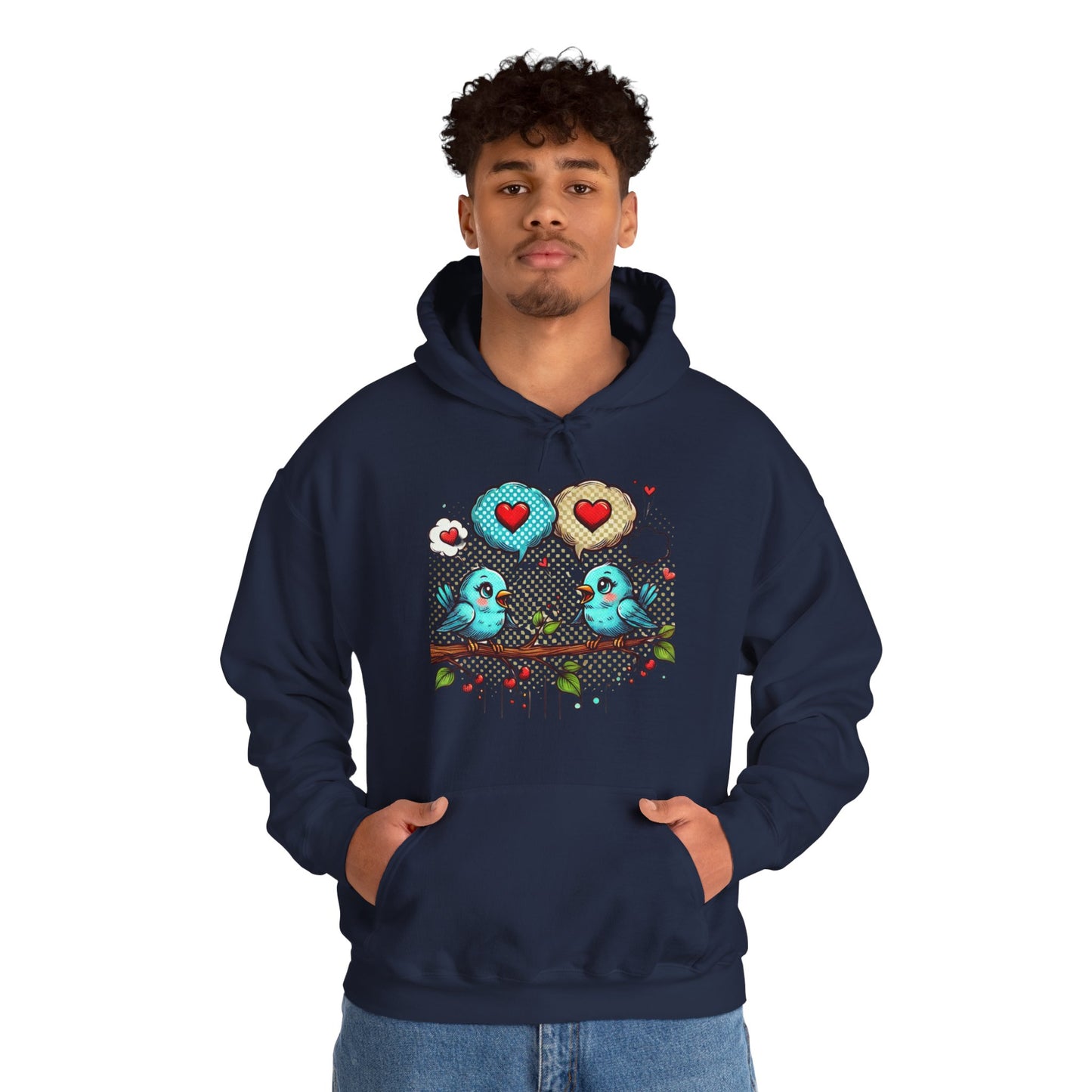 Birds on a Branch Hoodie — Cute Blue Lovebirds with Heart Speech Bubbles